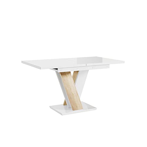 MEBLINI Esstisch Ausziehbar - Esszimmertisch Modern - Küchentisch - Säulentisch - Ausziehtisch - Dining Table - Esszimmertische - 120-160x80x75cm - MASIV - Weiß Hochglanz/Sonoma Eiche von MEBLINI
