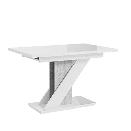 MEBLINI Esstisch Ausziehbar - Esszimmertisch Modern - Küchentisch - Säulentisch - Ausziehtisch - Dining Table - Esszimmertische - 120-160x80x75cm - MEVA - Weiß Hochglanz/Betonoptik von MEBLINI