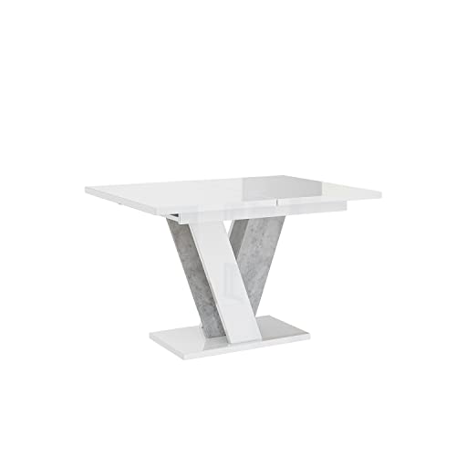 MEBLINI Esstisch Ausziehbar - Esszimmertisch Modern - Küchentisch - Säulentisch - Ausziehtisch - Dining Table - Esszimmertische - 120-160x90x75cm - Viney - Weiß Hochglanz/Betonoptik von MEBLINI