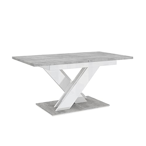 MEBLINI Esstisch Ausziehbar - Esszimmertisch Modern - Küchentisch - Säulentisch - Ausziehtisch - Dining Table - Esszimmertische - 140-180x80x75cm - Bronx - Betonoptik/Weiß Hochglanz von MEBLINI