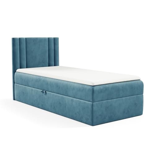 MEBLINI Kinderbett mit Bettkasten - Gepolstert Einzelbett mit Matratze - Polsterbett mit Stauraum - Bett mit Kopfteil - Stauraumbett - Cardi - 100x200 Links - H3/Blau Samt MEBLINI Kinderbett mit Bettkasten - Gepolstert Einzelbett mit Matratze - Polsterbett mit Stauraum - Bett mit Kopfteil - Stauraumbett - Cardi - 100x200 Links - H3/Blau Samt von MEBLINI