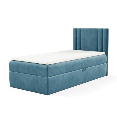 MEBLINI Kinderbett mit Bettkasten - Gepolstert Einzelbett mit Matratze - Polsterbett mit Stauraum - Bett mit Kopfteil - Stauraumbett - Cardi - 100x200 Rechts - H3/Blau Samt MEBLINI Kinderbett mit Bettkasten - Gepolstert Einzelbett mit Matratze - Polsterbett mit Stauraum - Bett mit Kopfteil - Stauraumbett - Cardi - 100x200 Rechts - H3/Blau Samt von MEBLINI