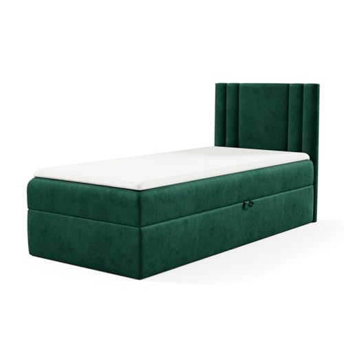 MEBLINI Kinderbett mit Bettkasten - Gepolstert Einzelbett mit Matratze - Polsterbett mit Stauraum - Bett mit Kopfteil - Stauraumbett - Cardi - 80x200 Rechts - H3/Grün Samt von MEBLINI