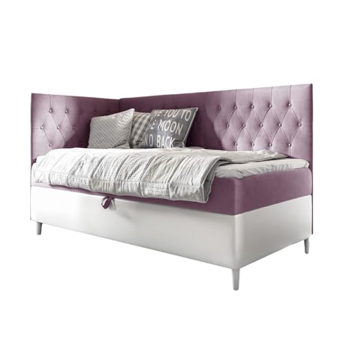MEBLINI Kinderbett mit Bettkasten - Gepolstert Einzelbett mit Matratze - Polsterbett mit Stauraum - Bett mit Kopfteil - Stauraumbett - Filippo 3-90x200 Links - H3/Lila Samt von MEBLINI