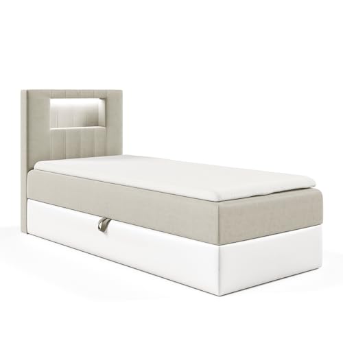MEBLINI Kinderbett mit Bettkasten - Gepolstert Einzelbett mit Matratze - Polsterbett mit Stauraum - Bett mit Kopfteil - Stauraumbett - Gareth 1-80x200 Links - H3/Beige Samt von MEBLINI