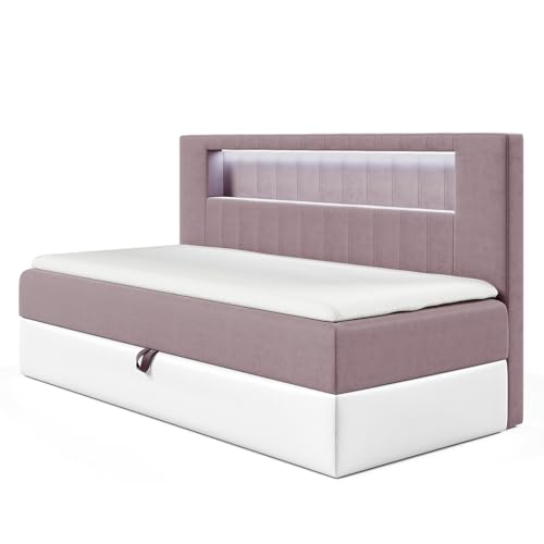 MEBLINI Kinderbett mit Bettkasten - Gepolstert Einzelbett mit Matratze - Polsterbett mit Stauraum - Bett mit Kopfteil - Stauraumbett - Gareth 2-100x200 - H3/Lila Samt von MEBLINI
