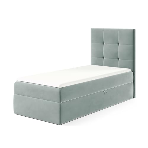 MEBLINI Kinderbett mit Bettkasten - Gepolstert Einzelbett mit Matratze - Polsterbett mit Stauraum - Bett mit Kopfteil - Stauraumbett - MINO 2-80x200 Rechts - H3/Blaugrau Samt von MEBLINI