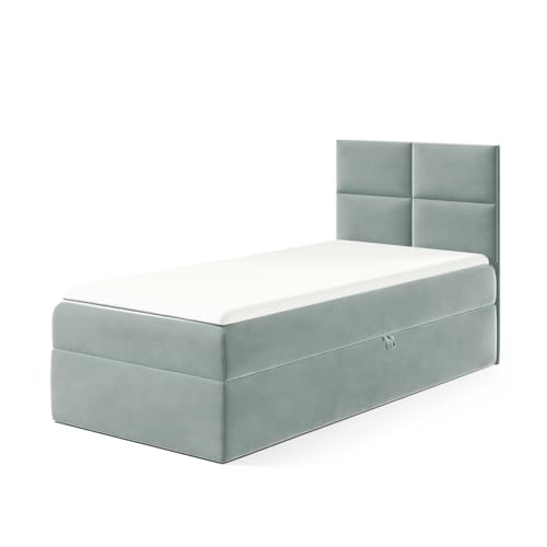 MEBLINI Kinderbett mit Bettkasten - Gepolstert Einzelbett mit Matratze - Polsterbett mit Stauraum - Bett mit Kopfteil - Stauraumbett - MINO 3-100x200 Rechts - H3/Blaugrau Samt MEBLINI Kinderbett mit Bettkasten - Gepolstert Einzelbett mit Matratze - Polsterbett mit Stauraum - Bett mit Kopfteil - Stauraumbett - MINO 3-100x200 Rechts - H3/Blaugrau Samt von MEBLINI
