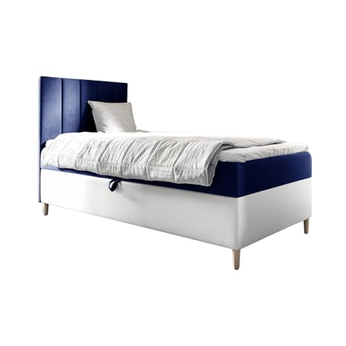 MEBLINI Kinderbett mit Bettkasten - Gepolstert Einzelbett mit Matratze - Polsterbett mit Stauraum - Bett mit Kopfteil - Stauraumbett - Maya 1-100x200 Links - H3/Blau Samt von MEBLINI