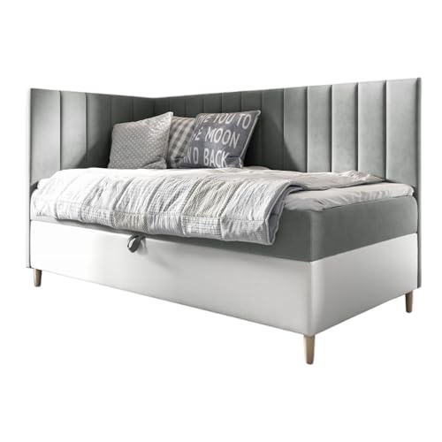 MEBLINI Kinderbett mit Bettkasten - Gepolstert Einzelbett mit Matratze - Polsterbett mit Stauraum - Bett mit Kopfteil - Stauraumbett - Maya 3-80x200 Links - H3/Grau Samt von MEBLINI