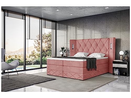 MEBLINI King Boxspringbett mit Bettkasten - Gepolstert Doppelbett mit Matratze und Topper - Polsterbett mit Stauraum - Bett mit LED Kopfteil - Stauraumbett - Manuel - 160x200 - H3/Rosa Samt von MEBLINI