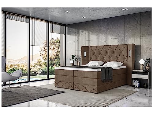 MEBLINI King Boxspringbett mit Bettkasten - Gepolstert Doppelbett mit Matratze und Topper - Polsterbett mit Stauraum - Bett mit LED Kopfteil - Stauraumbett - Manuel - 200x200 - H3/Braun Samt von MEBLINI