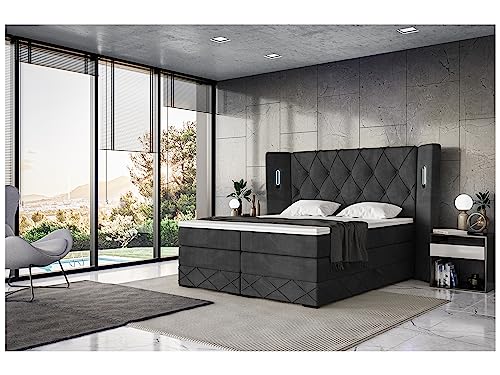 MEBLINI King Boxspringbett mit Bettkasten - Gepolstert Doppelbett mit Matratze und Topper - Polsterbett mit Stauraum - Bett mit LED Kopfteil - Stauraumbett - Manuel - 200x200 - H3/Schwarz Samt von MEBLINI