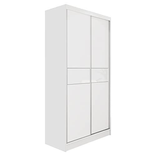 MEBLINI Kleiderschrank, 2 Türen - Schwebetürenschrank mit Kleiderstange - Schlafzimmerschrank mit Einlegeböden - Wardrobe Closet - Tanna - 120 cm - Weiß/Weiß + Weiß Lacobel von MEBLINI