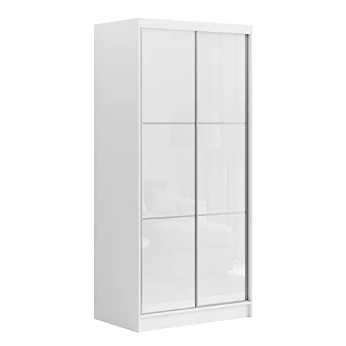 MEBLINI Kleiderschrank, 2 Türen - Schwebetürenschrank mit Kleiderstange - Schlafzimmerschrank mit Einlegeböden - Wardrobe Closet - Viviana - 120 cm - Weiß/Weiß Lacobel von MEBLINI
