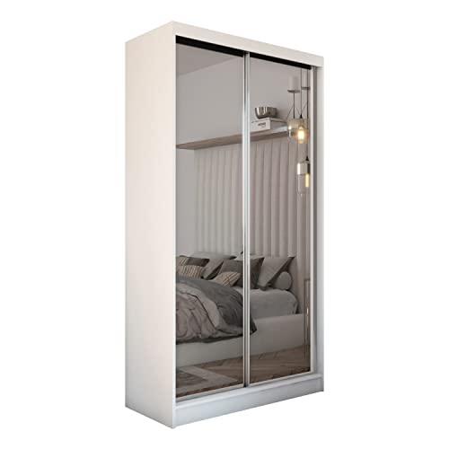 MEBLINI Kleiderschrank mit Spiegel, 2 Türen - Schwebetürenschrank mit Kleiderstange - Schlafzimmerschrank mit Einlegeböden - Wardrobe Closet - Debora - 120 cm - Weiß + Spiegel von MEBLINI