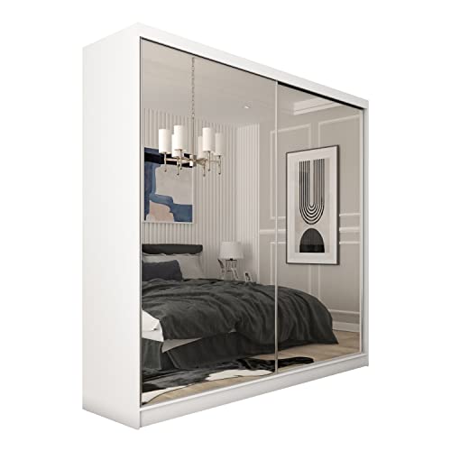 MEBLINI Kleiderschrank mit Spiegel, 2 Türen - Schwebetürenschrank mit Kleiderstange - Schlafzimmerschrank mit Einlegeböden - Wardrobe Closet - Debora - 200 cm - Weiß + Spiegel von MEBLINI