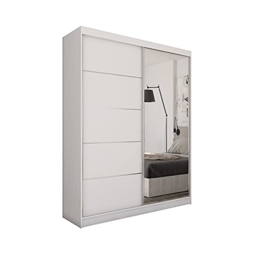 MEBLINI Kleiderschrank mit Spiegel, 2 Türen - Schwebetürenschrank mit Kleiderstange - Schlafzimmerschrank mit Einlegeböden - Wardrobe Closet - MAKIRA - 150 cm - Weiß/Weiß + Spiegel von MEBLINI