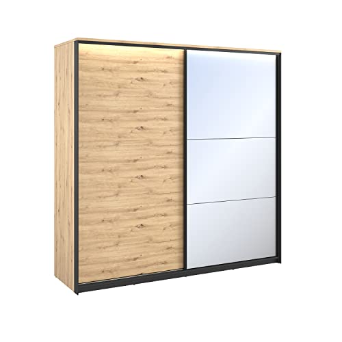 MEBLINI Kleiderschrank mit Spiegel, 2 Türen - Schwebetürenschrank mit Kleiderstangen - Schlafzimmerschrank mit Einlegeböden - Wardrobe Closet - Quant - 220 cm - Artisan Eiche/Schwarz + Spiegel von MEBLINI