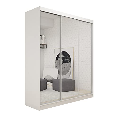 MEBLINI Kleiderschrank mit Spiegel, 3 Türen - Schwebetürenschrank mit Kleiderstange - Schlafzimmerschrank mit Einlegeböden - Wardrobe Closet - Debora - 180 cm - Weiß + Spiegel von MEBLINI
