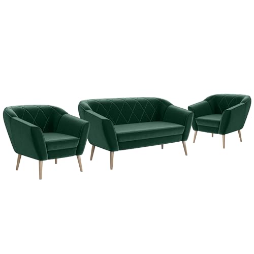 MEBLINI Mini Sofa Set 2-1-1 für Wohnzimmer - Mini Lounge für Vier Personen - Küchensofa - Sofa Klein - Sitzgarnitur - Polstergarnitur - Sofagarnituren - Gisela - 2+1+1 - Grün Samt von MEBLINI