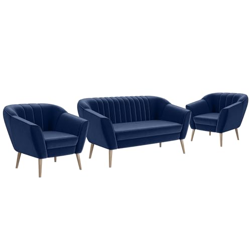 MEBLINI Mini Sofa Set 2-1-1 für Wohnzimmer - Mini Lounge für Vier Personen - Küchensofa - Sofa Klein - Sitzgarnitur - Polstergarnitur - Sofagarnituren - KAIA - 2+1+1 - Blau Samt von MEBLINI