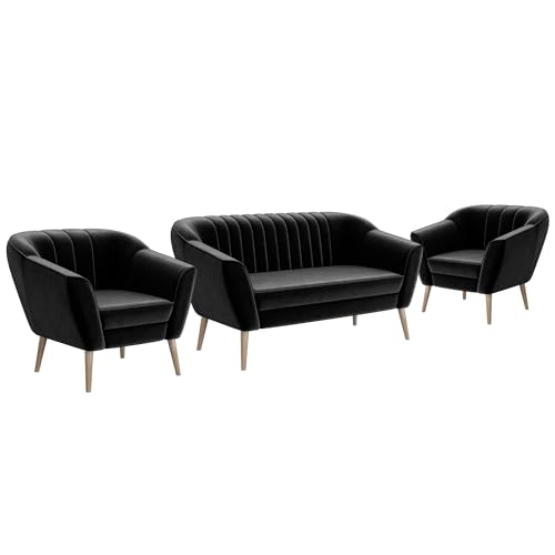 MEBLINI Mini Sofa Set 2-1-1 für Wohnzimmer - Mini Lounge für Vier Personen - Küchensofa - Sofa Klein - Sitzgarnitur - Polstergarnitur - Sofagarnituren - KAIA - 2+1+1 - Schwarz Samt von MEBLINI