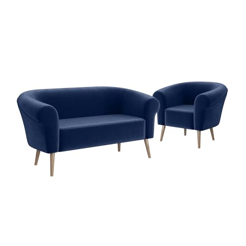 MEBLINI Mini Sofa Set 2-1 für Wohnzimmer - Mini Lounge für DREI Personen - Küchensofa - Sofa Klein - Sitzgarnitur - Polstergarnitur - Sofagarnituren - Emilia - 2+1 - Blau Samt von MEBLINI