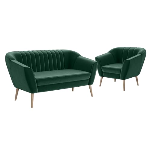 MEBLINI Mini Sofa Set 2-1 für Wohnzimmer - Mini Lounge für DREI Personen - Küchensofa - Sofa Klein - Sitzgarnitur - Polstergarnitur - Sofagarnituren - KAIA - 2+1 - Grün Samt von MEBLINI