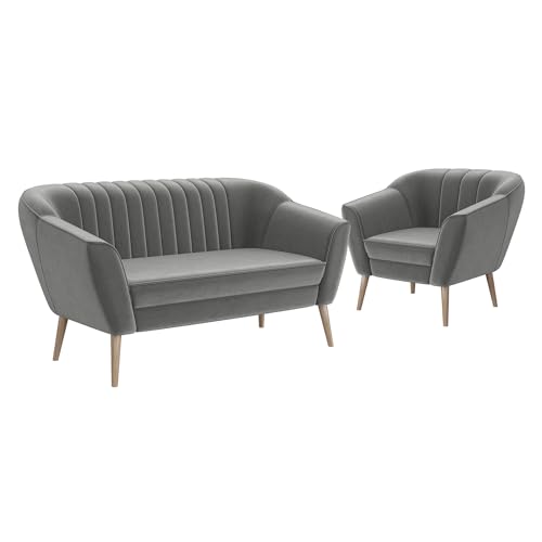 MEBLINI Mini Sofa Set 2-1 für Wohnzimmer - Mini Lounge für DREI Personen - Küchensofa - Sofa Klein - Sitzgarnitur - Polstergarnitur - Sofagarnituren - KAIA - 2+1 - Hellgrau Samt von MEBLINI