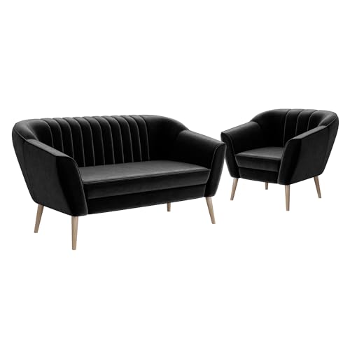 MEBLINI Mini Sofa Set 2-1 für Wohnzimmer - Mini Lounge für DREI Personen - Küchensofa - Sofa Klein - Sitzgarnitur - Polstergarnitur - Sofagarnituren - KAIA - 2+1 - Schwarz Samt von MEBLINI