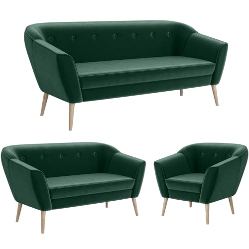 MEBLINI Mini Sofa Set 3-2-1 für Wohnzimmer - Mini Lounge für sechs Personen - Küchensofa - Sofa Klein - Sitzgarnitur - Polstergarnitur - Sofagarnituren - Doris - 3+2+1 - Grün Samt von MEBLINI