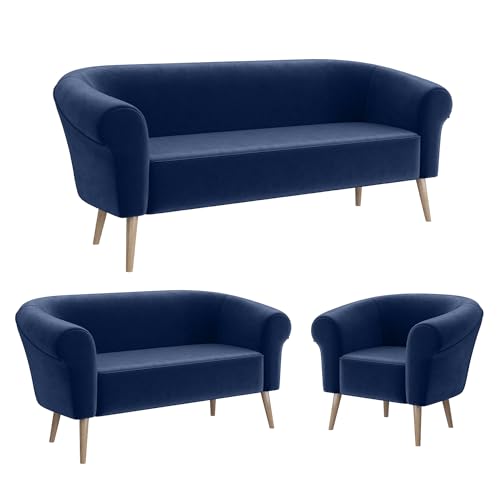 MEBLINI Mini Sofa Set 3-2-1 für Wohnzimmer - Mini Lounge für sechs Personen - Küchensofa - Sofa Klein - Sitzgarnitur - Polstergarnitur - Sofagarnituren - Emilia - 3+2+1 - Blau Samt von MEBLINI