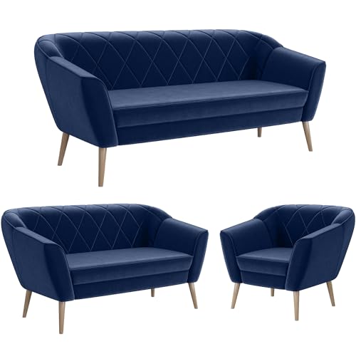 MEBLINI Mini Sofa Set 3-2-1 für Wohnzimmer - Mini Lounge für sechs Personen - Küchensofa - Sofa Klein - Sitzgarnitur - Polstergarnitur - Sofagarnituren - Gisela - 3+2+1 - Blau Samt von MEBLINI