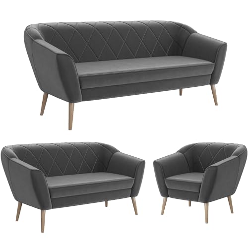 MEBLINI Mini Sofa Set 3-2-1 für Wohnzimmer - Mini Lounge für sechs Personen - Küchensofa - Sofa Klein - Sitzgarnitur - Polstergarnitur - Sofagarnituren - Gisela - 3+2+1 - Dunkelgrau Samt von MEBLINI