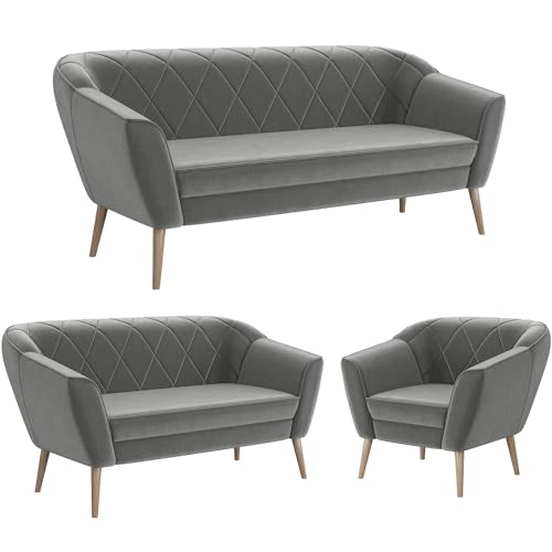 MEBLINI Mini Sofa Set 3-2-1 für Wohnzimmer - Mini Lounge für sechs Personen - Küchensofa - Sofa Klein - Sitzgarnitur - Polstergarnitur - Sofagarnituren - Gisela - 3+2+1 - Hellgrau Samt von MEBLINI