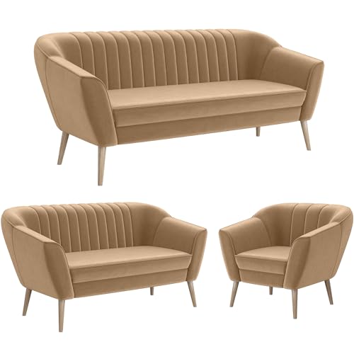 MEBLINI Mini Sofa Set 3-2-1 für Wohnzimmer - Mini Lounge für sechs Personen - Küchensofa - Sofa Klein - Sitzgarnitur - Polstergarnitur - Sofagarnituren - KAIA - 3+2+1 - Beige Samt von MEBLINI