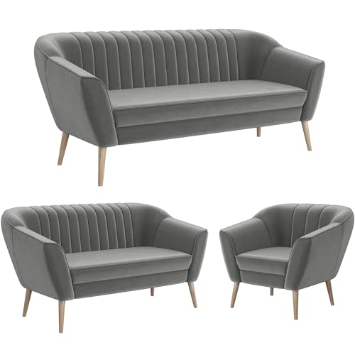 MEBLINI Mini Sofa Set 3-2-1 für Wohnzimmer - Mini Lounge für sechs Personen - Küchensofa - Sofa Klein - Sitzgarnitur - Polstergarnitur - Sofagarnituren - KAIA - 3+2+1 - Hellgrau Samt von MEBLINI