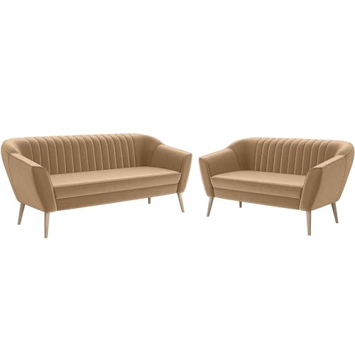MEBLINI Mini Sofa Set 3-2 für Wohnzimmer - Mini Lounge für fünf Personen - Küchensofa - Sofa Klein - Sitzgarnitur - Polstergarnitur - Sofagarnituren - KAIA - 3+2 - Beige Samt von MEBLINI