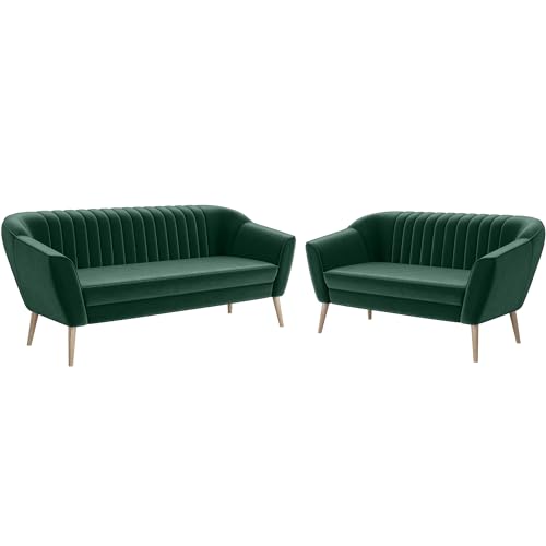 MEBLINI Mini Sofa Set 3-2 für Wohnzimmer - Mini Lounge für fünf Personen - Küchensofa - Sofa Klein - Sitzgarnitur - Polstergarnitur - Sofagarnituren - KAIA - 3+2 - Grün Samt von MEBLINI