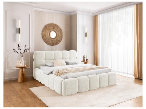 MEBLINI Salerno Polsterbett 140x200 mit Lattenrost - Bubble Bett - Cloud - Marshmallow Bed - Kopfteil Bett mit Stauraum - Betten - 140x200 - Weiß Milch Boucle ohne Matratze von MEBLINI