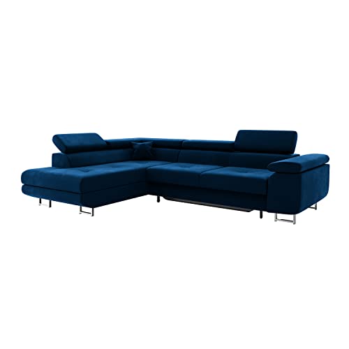 MEBLINI Schlafcouch mit Bettkasten - Ecksofa mit Schlaffunktion - Sofa mit Relaxfunktion und Kopfstützen - Couch L-Form - Eckcouch - Wohnlandschaft - Carl - 272x202x63cm Links - Blau Samt von MEBLINI