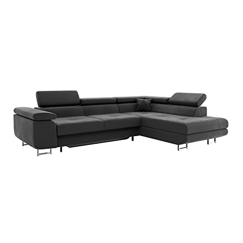 MEBLINI Schlafcouch mit Bettkasten - Ecksofa mit Schlaffunktion - Sofa mit Relaxfunktion und Kopfstützen - Couch L-Form - Eckcouch - Wohnlandschaft - Carl - 272x202x63cm Rechts - Dunkelgrau Samt von MEBLINI