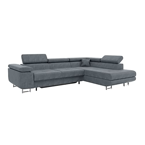 MEBLINI Schlafcouch mit Bettkasten - Ecksofa mit Schlaffunktion - Sofa mit Relaxfunktion und Kopfstützen - Couch L-Form - Eckcouch - Wohnlandschaft - Carl - 272x202x63cm Rechts - Grau Samt von MEBLINI