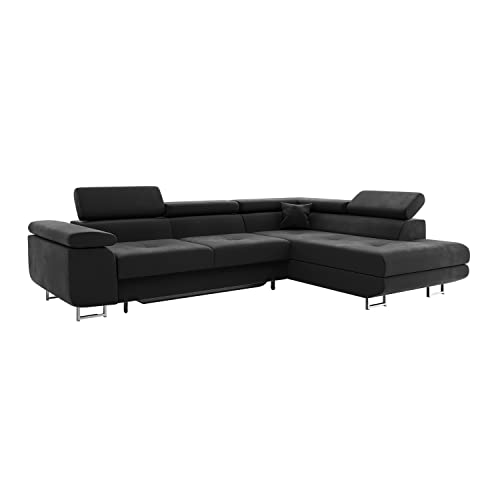 MEBLINI Schlafcouch mit Bettkasten - Ecksofa mit Schlaffunktion - Sofa mit Relaxfunktion und Kopfstützen - Couch L-Form - Eckcouch - Wohnlandschaft - Carl - 272x202x63cm Rechts - Schwarz Samt von MEBLINI