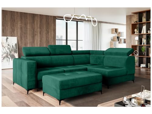 MEBLINI Schlafcouch mit Bettkasten - Ecksofa mit Schlaffunktion - Sofa mit Relaxfunktion und Kopfstützen - Couch L-Form - Eckcouch - Wohnlandschaft - Dorian - 263x232x89cm Rechts - Grün Samt von MEBLINI