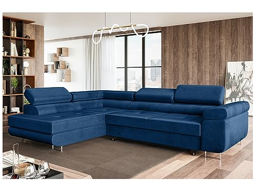 MEBLINI Schlafcouch mit Bettkasten - Ecksofa mit Schlaffunktion - Sofa mit Relaxfunktion und Kopfstützen - Couch L-Form - Eckcouch - Wohnlandschaft - MALIBA - 277x203x63cm Links - Blau Samt von MEBLINI