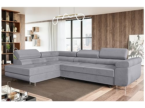 MEBLINI Schlafcouch mit Bettkasten - Ecksofa mit Schlaffunktion - Sofa mit Relaxfunktion und Kopfstützen - Couch L-Form - Eckcouch - Wohnlandschaft - MALIBA - 277x203x63cm Links - Grau Samt von MEBLINI