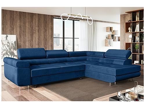 MEBLINI Schlafcouch mit Bettkasten - Ecksofa mit Schlaffunktion - Sofa mit Relaxfunktion und Kopfstützen - Couch L-Form - Eckcouch - Wohnlandschaft - MALIBA - 277x203x63cm Rechts - Blau Samt von MEBLINI