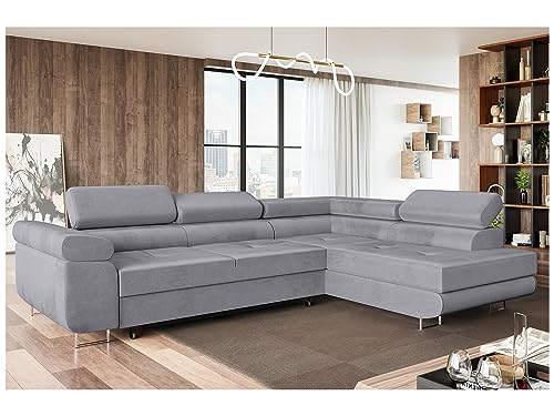 MEBLINI Schlafcouch mit Bettkasten - Ecksofa mit Schlaffunktion - Sofa mit Relaxfunktion und Kopfstützen - Couch L-Form - Eckcouch - Wohnlandschaft - MALIBA - 277x203x63cm Rechts - Grau Samt von MEBLINI